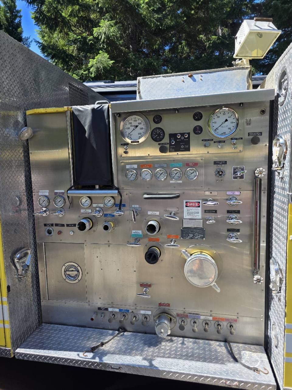 Chrome pump panel and gauges on the Seagrave